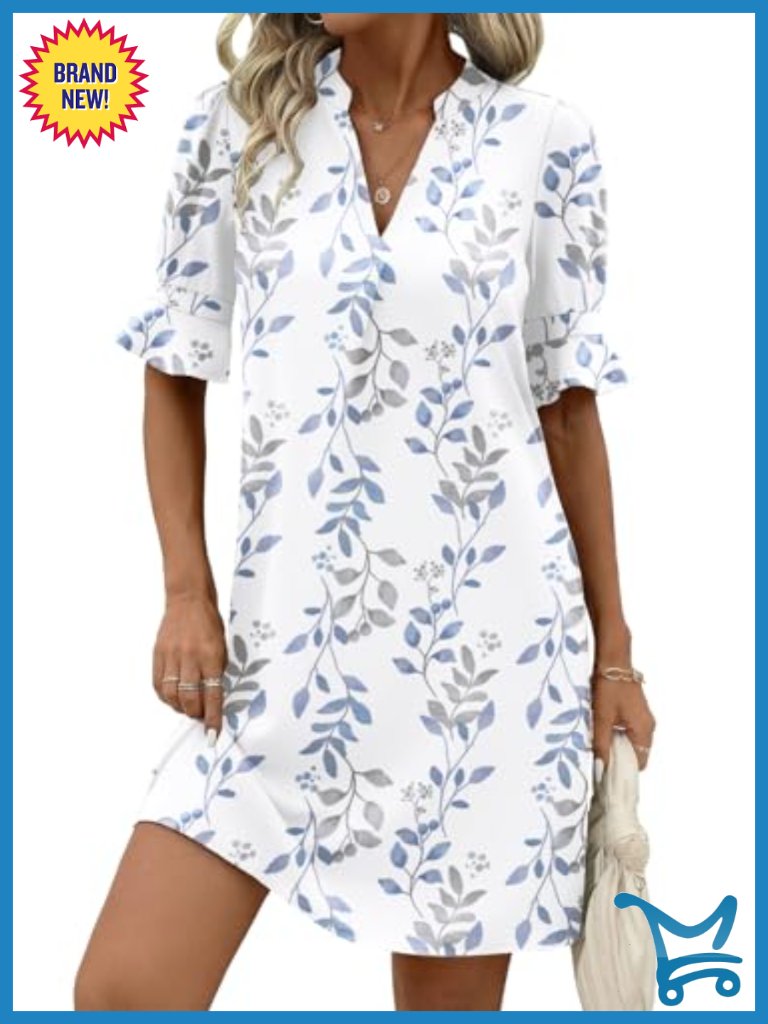 V Neck Ruffle Sleeve Loose Shift Dress Hawaiian Sundress Beach Vacation Clothes